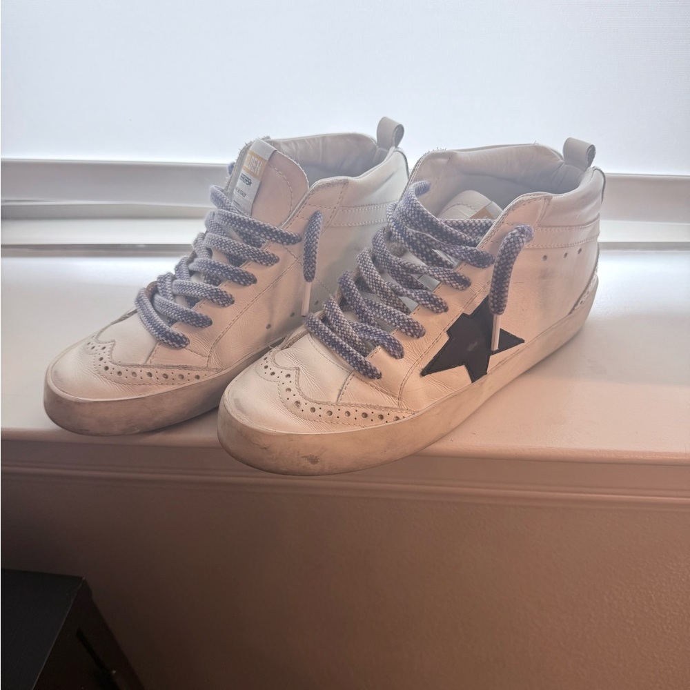 Golden Goose White Leather High-Top Sneakers with Black Star and Purple Laces